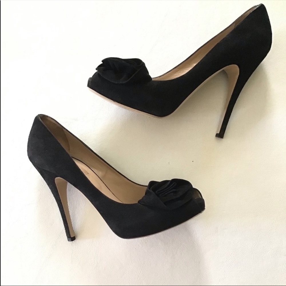 VALENTINO Black Suede Peep Toe Heels 38 1/2